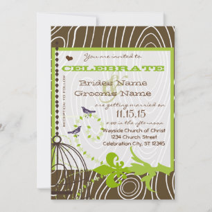 Invitation Oiseaux d'amour Grain de Bois Brun Bordures Vert P