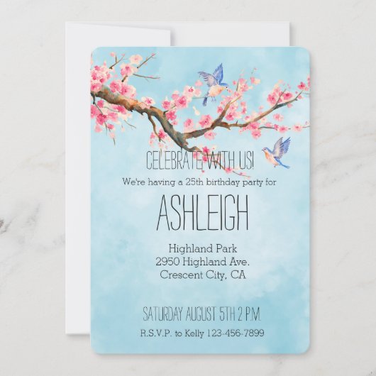 Invitation Oiseaux de fleurs de cerisiers   (Devant)