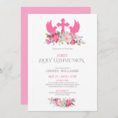 Invitation Oiseaux de fleurs roses et croix Première communio (Devant / Derrière)