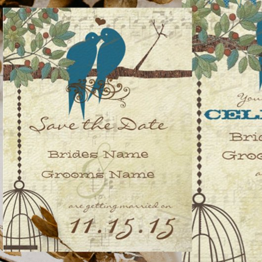 Invitation Oiseaux de l'amour sarcelle perchés dans un arbre,