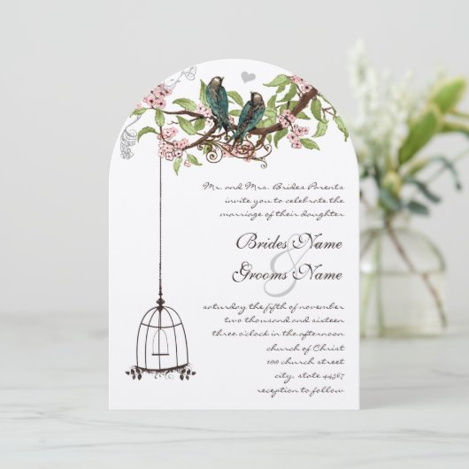 Invitation Oiseaux de l'amour sarcelle vintage Cage à oiseaux (Debout devant)