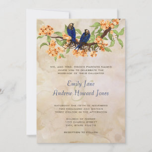 Invitation Oiseaux de l'amour vintage corail et marine Tache 