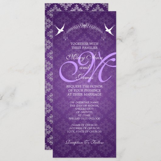 Invitation Oiseaux de mariage élégant Monogramme violet (Devant / Derrière)