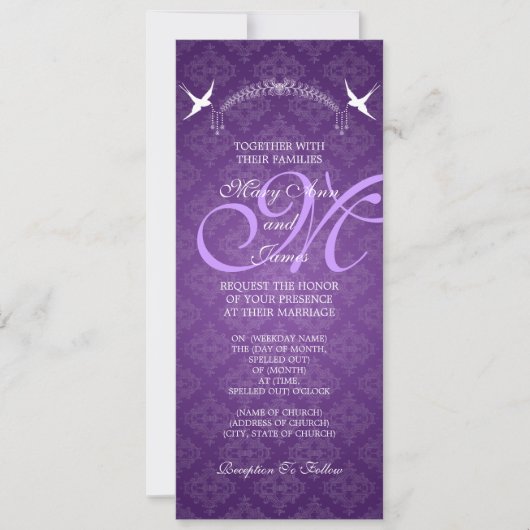 Invitation Oiseaux de mariage élégant Monogramme violet (Devant)