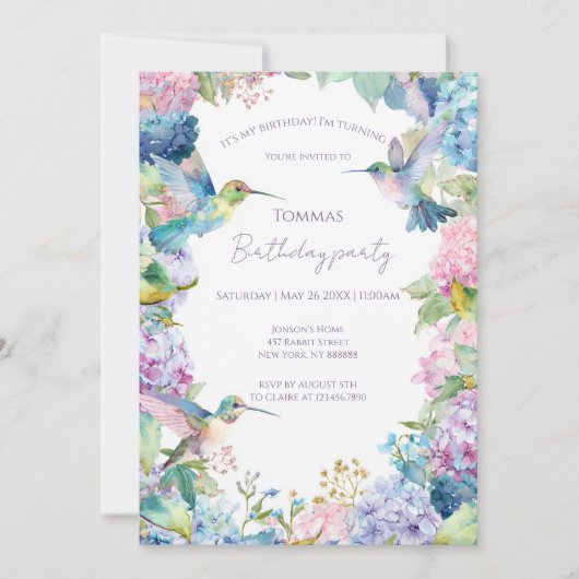 Invitation Oiseaux de mer Whimsical avec Hydrangeas anniversa (Devant)