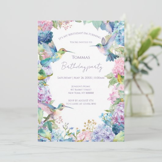 Invitation Oiseaux de mer Whimsical avec Hydrangeas anniversa (Debout devant)