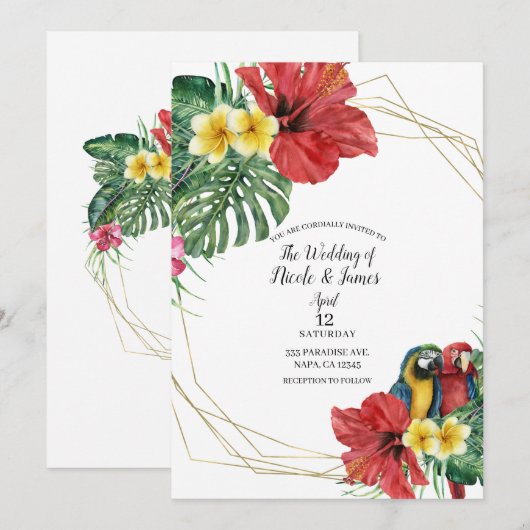 Invitation Oiseaux de Paradis Tropical Fleurs Mariage (Devant / Derrière)