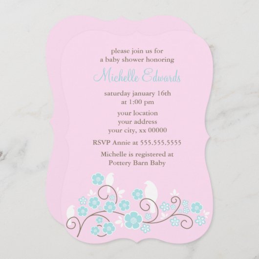 Invitation Oiseaux doux et fleurs (Devant / Derrière)