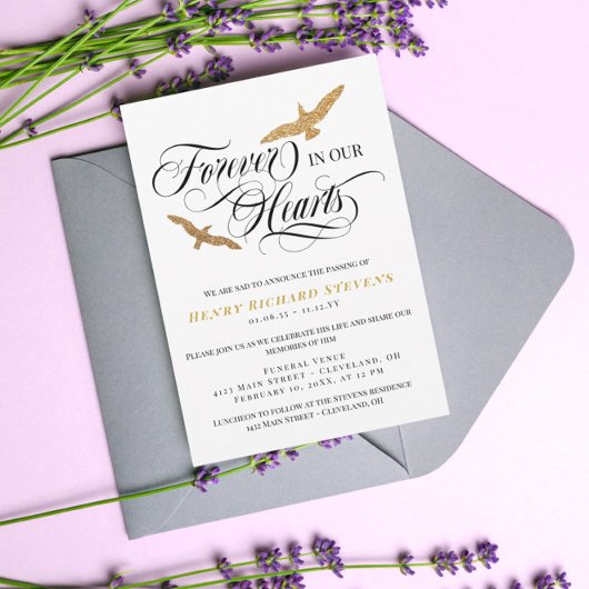 Invitation Oiseaux en faux or Forever dans nos cœurs Funérail