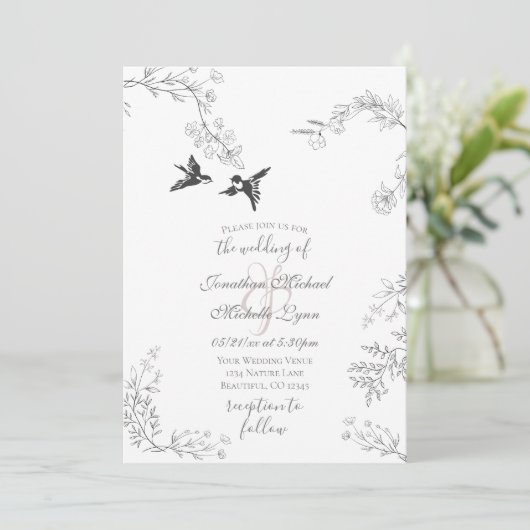 Invitation Oiseaux et Branches Joli jardin fleuri Mariage (Debout devant)