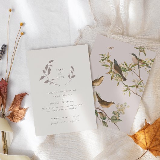 Invitation Oiseaux et feuilles roses | beige enregistrer la d
