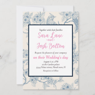 Invitation Oiseaux et fleurs de cerisier en bleu et blanc cas