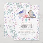Invitation Oiseaux et fleurs roses Baby shower de bois (Devant / Derrière)