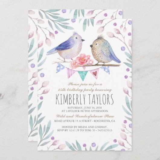 Invitation Oiseaux et fleurs roses Fête d'anniversaire des bo (Devant / Derrière)
