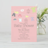 Invitation Oiseaux et vêtements sur fil Bébé Douche Invitatio (Debout devant)