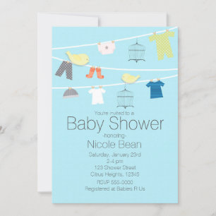 Invitation Oiseaux et vêtements sur fil Bébé Douche Invitatio