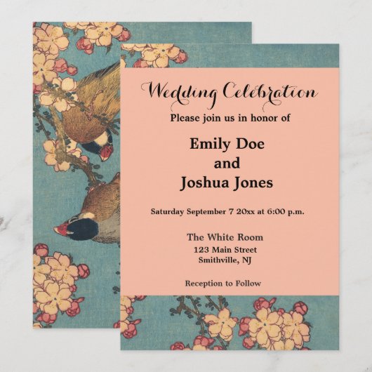 Invitation Oiseaux Fleurs Hokusai Art Japonais (Devant / Derrière)