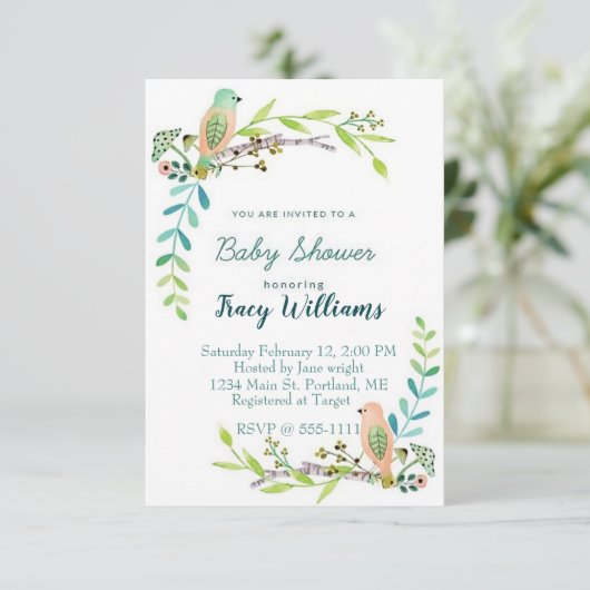 Invitation Oiseaux floraux d'aquarelle (Debout devant)