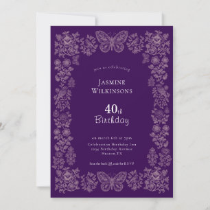 Invitation Oiseaux floraux pourpres sophistiqués 40e annivers
