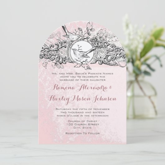 Invitation Oiseaux forestiers Musical Bois Rose Mariage vinta (Debout devant)
