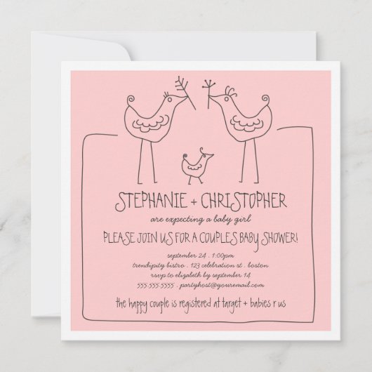 Invitation Oiseaux funky Famille moderne Couples Baby shower (Devant)