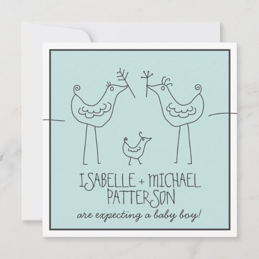 Invitation Oiseaux funky Famille Moderne Couples Bébé Garçon (Devant)