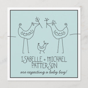 Invitation Oiseaux funky Famille Moderne Couples Bébé Garçon 