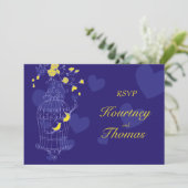 Invitation Oiseaux jaunes de la marine ouvrent la cage mariag (Debout devant)