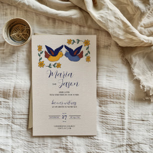 Invitation Oiseaux Mexicains Floral Bleu Jaune Mariage Charma