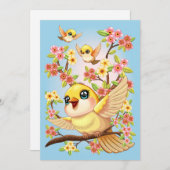 Invitation Oiseaux mignons et heureux parmi les fleurs du pri (Devant / Derrière)