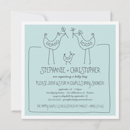 Invitation Oiseaux neutres Famille moderne Baby shower de gar (Devant)