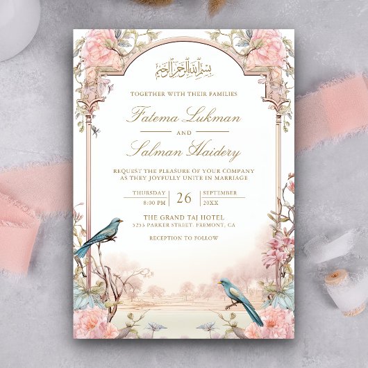 Invitation Oiseaux romantiques Blush rose Floral Mariage musu
