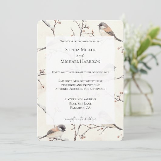 Invitation Oiseaux romantiques dans un mariage d'arbre (Debout devant)