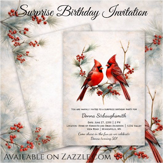 Invitation Oiseaux rouges sur branche de pin enneigée, Baies