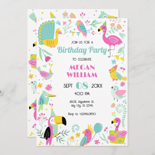 Invitation Oiseaux tropicaux de couleur vive (Devant / Derrière)