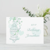 Invitation Oiseaux verts menthe ouvrent la cage mariage RSVP (Debout devant)