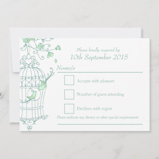 Invitation Oiseaux verts menthe ouvrent la cage mariage RSVP (Dos)