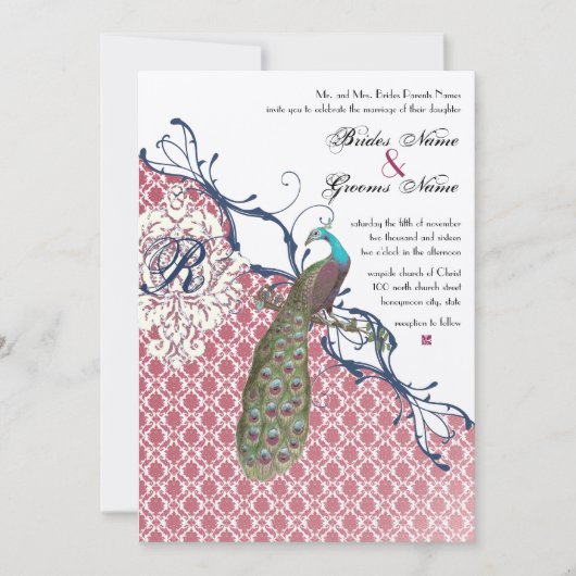 Invitation Oiseaux Vintage Navy Deep Raspberry Damask Mariage (Devant)