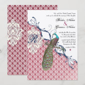 Invitation Oiseaux Vintage Navy Deep Raspberry Damask Mariage (Devant / Derrière)