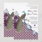 Invitation Oiseaux Vintage Navy Deep Raspberry Damask Mariage (Devant / Derrière)