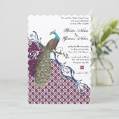 Invitation Oiseaux Vintage Navy Deep Raspberry Damask Mariage (Debout devant)