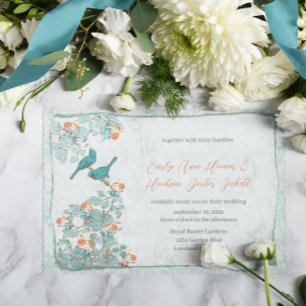Invitation Oiseaux Vintage Turquoise et Orange Damask Mariage