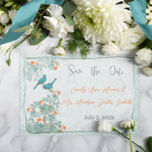 Invitation Oiseaux Vintage Turquoise Orange Damassé Mariage