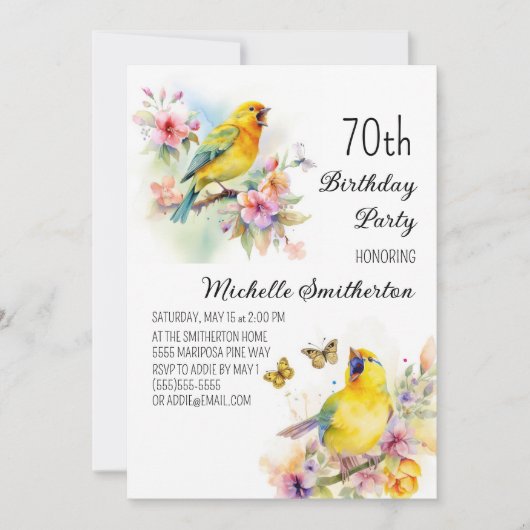 Invitation Oiseaux vintages Canaries Fleurs 70e anniversaire (Devant)