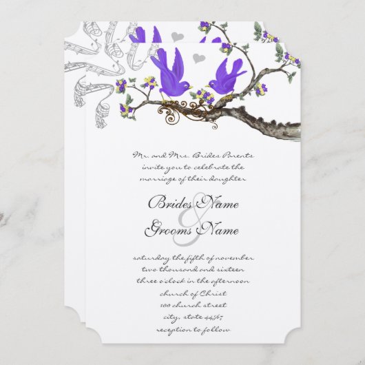 Invitation Oiseaux vintages Mariage jaune et violet Inviter (Devant / Derrière)