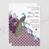 Invitation Oiseaux vintages Marine Profonde Framboise Mariage (Devant / Derrière)