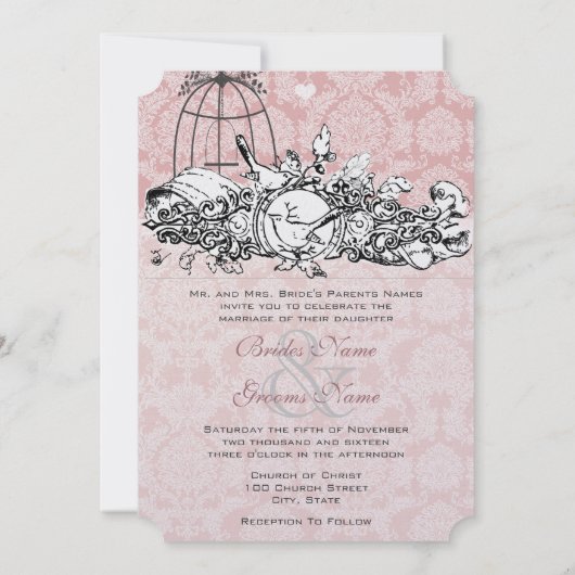 Invitation Oiseaux vintages Pink Musical Scroll Wedding Invit (Dos)