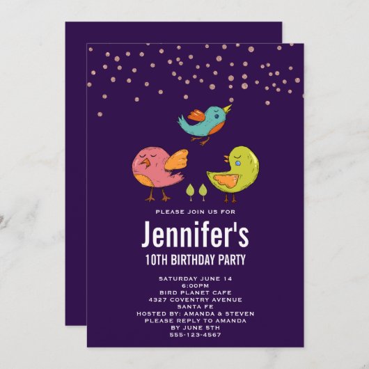 Invitation Oiseaux Whimsical Colorés Anniversaire (Devant / Derrière)