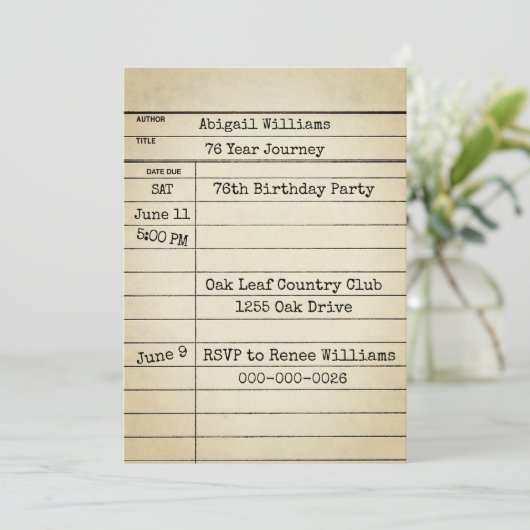 Invitation Old Library Card 76th Birthday Party (Debout devant)