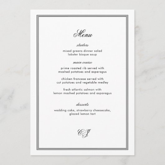 Invitation Old Money Black and White Wedding Menu Card (Devant)